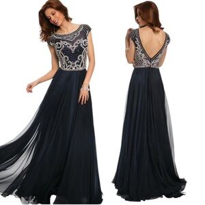 NWT Jovani A-Line Princess Scoop Beaded Long Dress Formal Navy 21030 Size 4